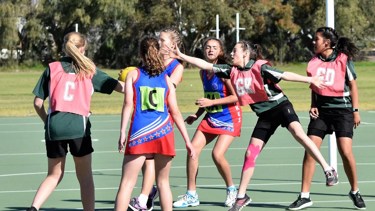 Great Defence: Parkes Christian School's goal keeper Bethany Moss in a Central West round of the 2017 Netball NSW Schools Cup.
