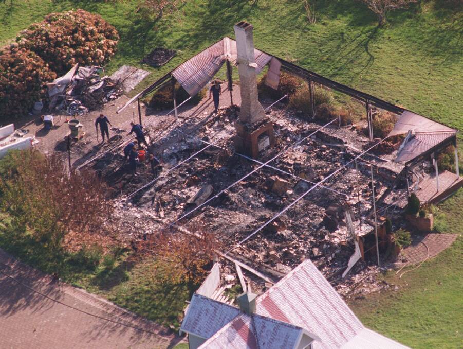 An aerial view of the Seascape guest house burnt down during the Port Arthur massacre.