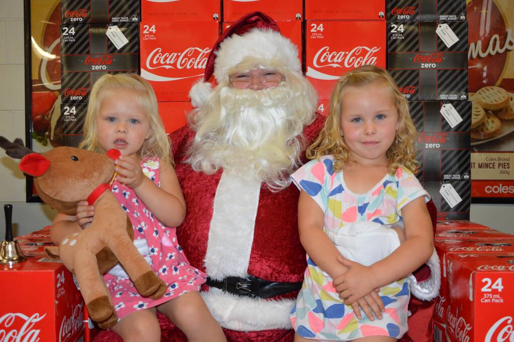 Emily and Addison Wild lined up for a photo with Santa at Coles Parkes last year. They are pictured telling Santa what was on their wish lists for Christmas. Photo: Barbara Watt.