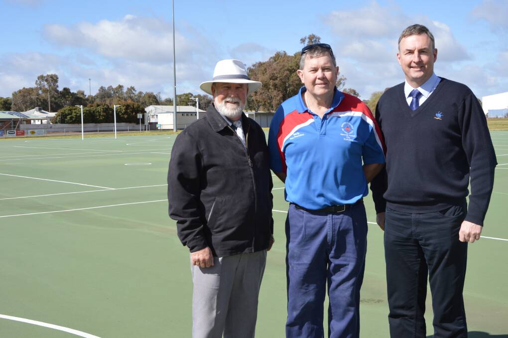 UPGRADE: Mayor Ken Keith, Parkes and District Netball Association Vice President Wally Norman and Parkes Sports Council Secretary Anthony McGrath at the netball courts.