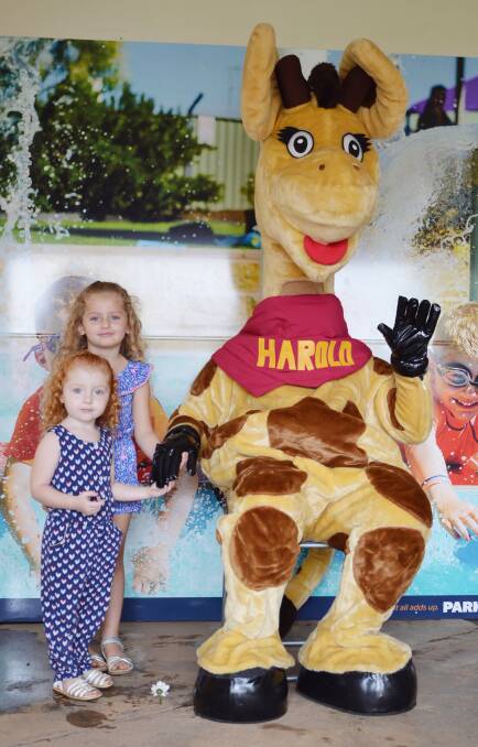 Lilly (4) and Georgie Black (2) met Healthy Harold last week and told him how much they are looking forward to the Swim Relay for Life Education. 