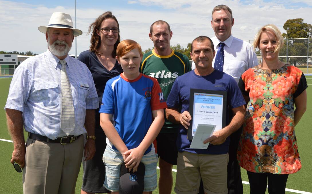 Pictured at the award presentation, from left - Parkes Mayor Ken Keith, Joanne Bennett (Development Officer, Sport and Recreation), Kyle Thompson, Graeme Thompson (President, Parkes Hockey Inc), Laurie Wakefield, Anthony McGrath (Sports Council) and Tracey Chambers. 