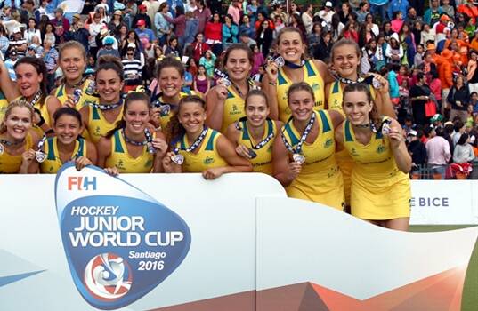 BRONZED AUSSIES: Parkes' Mariah Williams (second from right, bottom) with her Jillaroos teammates having won a bronze medal in a thrilling penalty shoot-out in Chile at the Junior World Cup. Photo: HOCKEY AUSTRALIA
