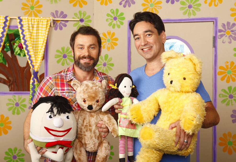ON THE ROAD: Teo Gebert and Alex Papps will visit perform for young fans with Humpty Dumpty, Little Ted, Jemima and Big Ted. Photo: SUPPLIED