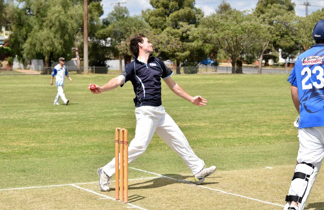 Parkes Colts bowler Myles Smith comes steaming in against the Cambridge attack. Photo: JENNY KINGHAM
