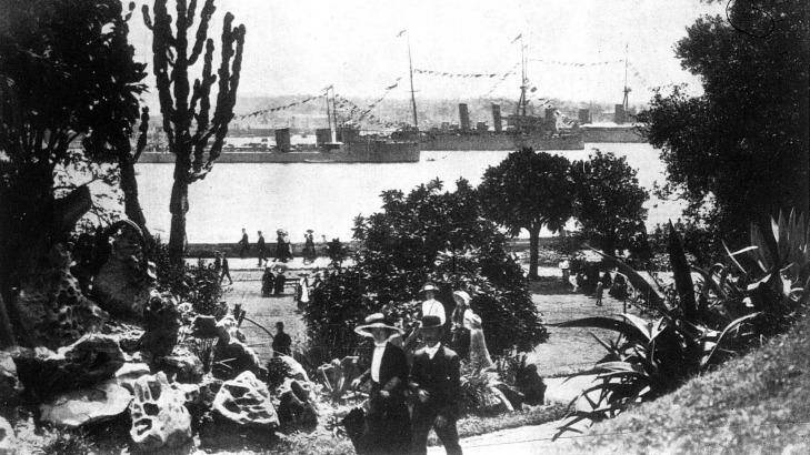 The view from the gardens of the first entry of the Royal Australian Navy Fleet into Sydney on October 4, 1913.
 Photo: Sydney Mail
