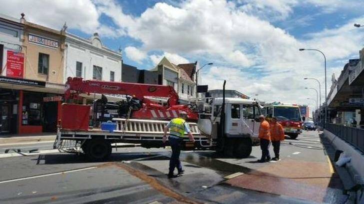 All citybound lanes closed on Parramatta Road at Leichhardt after a truck collided with a barrier. Photo: Caroline Donnelly