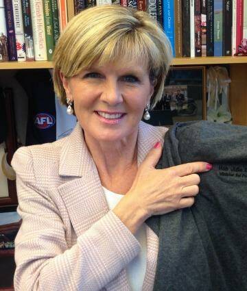 Personal PJs: Julie Bishop shows off her monogrammed Qantas pyjamas. Photo: Supplied