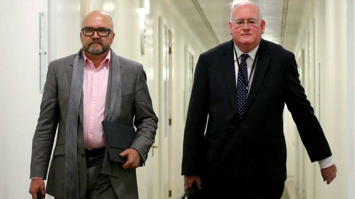 Strategist Mark Textor and Liberal party campaign director Tony Nutt at Parliament House on Monday. Photo: Alex Ellinghausen