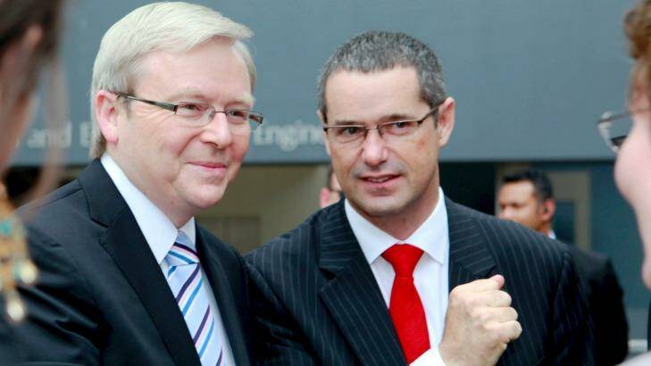 Former prime minister Kevin Rudd with then communications minister Stephen Conroy.  Photo: Jim Rice