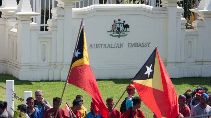 Protesters assembled outside the gates of the Australian embassy in Dili in February, demanding negotiations over the Timor Sea boundary. Photo: Wayne Lovell, Timor Photography