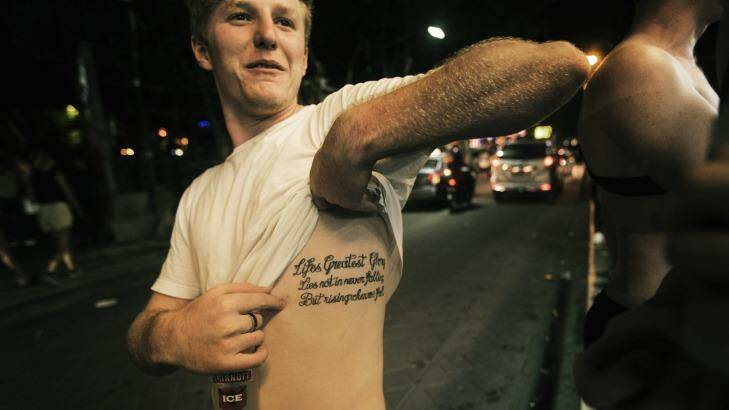'A spur of the moment thing': Aidan King from Byron Bay shows off the tattoo he picked up during Schoolies week in Bali.  Photo: Nic Walker