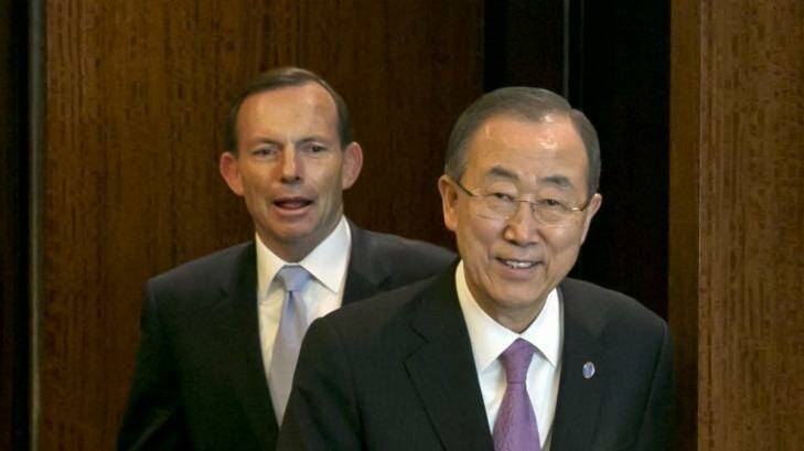 Tony Abbott meets with UN Secretary General Ban Ki-Moon at the UN headquarters. Photo: Richard Drew