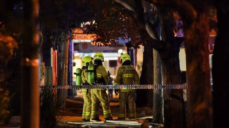 Emergency services gather at Merrylands Police Station after an incident on Thursday night. Photo: Wolter Peeters