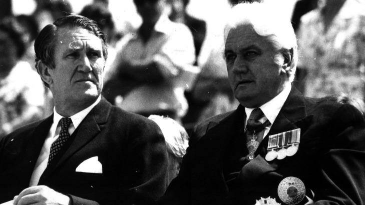 Malcolm Fraser and John Kerr at a service for Remembrance Day in 1976. Photo: Peter Wells