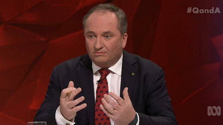 Barnaby Joyce said the ABC sometimes pays too much attention to questions that are "inside the beltway and have zero and nothing to do with our lives out there" on <i>Q&A</i>.  Photo: ABC