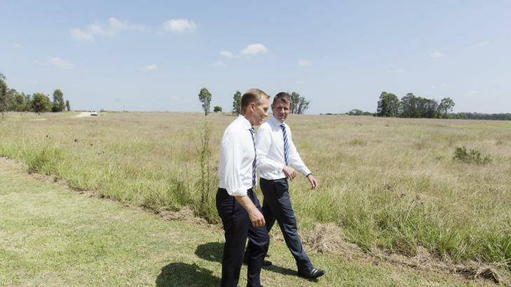 Premier Mike Baird and Environment Minister Rob Stokes announce a new parkland in Western Sydney called Bungarribee Super Park.  Photo: James Brickwood