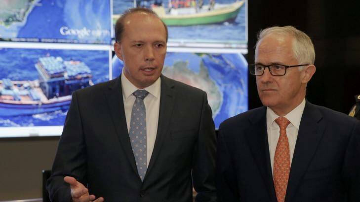Immigration Minister Peter Dutton and Prime Minister Malcolm Turnbull announce the refugee deal on Sunday. Photo: Andrew Meares