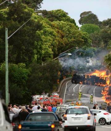 Fireball: the tanker crash that claimed two lives in Mona Vale last October.  Photo: Tim Pascoe
