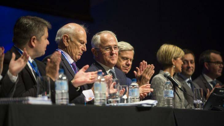 Senior Liberals including Prime Minister Malcolm Turnbull (centre) at the Victorian state conference on Saturday.  Photo: Craig Sillitoe