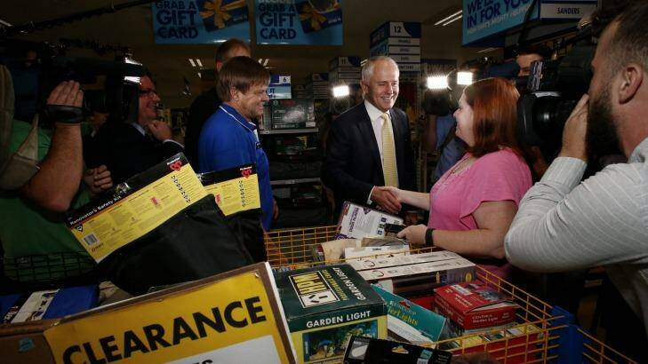 Prime Minister Malcolm Turnbull during his visit to a Mitre 10 hardware store in Loganholme, Brisbane on Tuesday. Photo: Andrew Meares