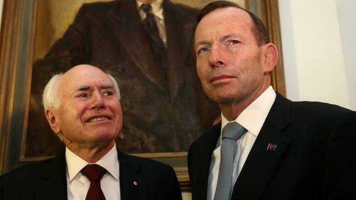 Former Prime Minister John Howard with Prime Minister Tony Abbott. Photo: Alex Ellinghausen