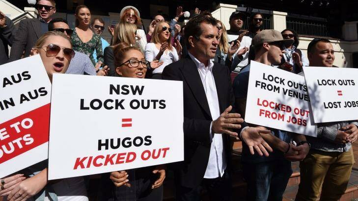 Hugo's Lounge owner Dave Evans and staff protest against NSW lock-out laws. The now-shut Kings Cross bar is being considered as a location for the hearings. Photo: Nick Moir
