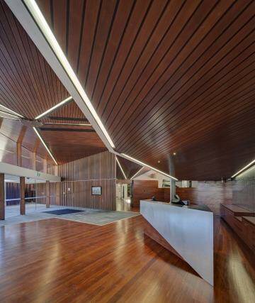 The interior features red gum, recycled timber and steel.