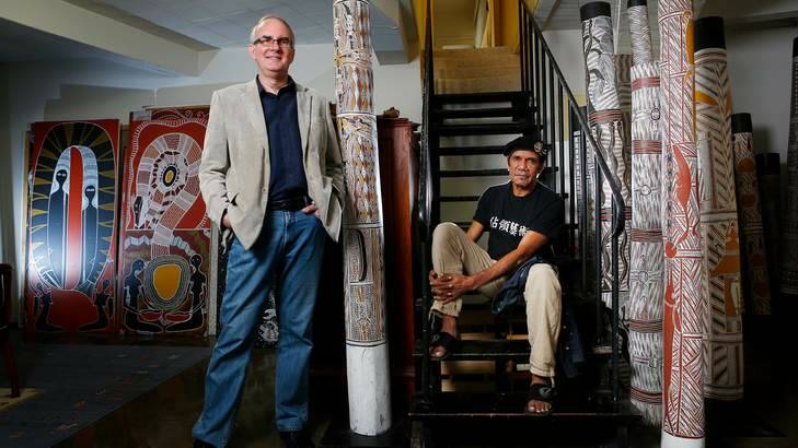 Art collector Hans Sip, left, with indigenous artist Billy Doolan. Sip has more than 120 mainly Aboriginal artworks. Photo: Eddie Jim