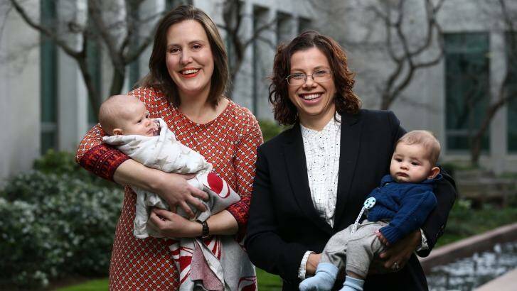 Ms O'Dwyer, pictured with Labor's Amanda Rishworth and son Percy, is one of three new mums in the Parliament.  Photo: Andrew Meares