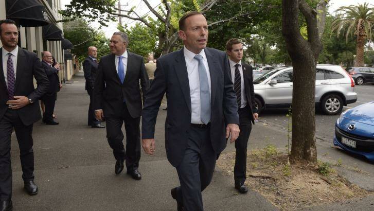 Prime Minister Tony Abbott and treasurer Joe Hockey leave the lunch at Lamaro's in South Melbourne. Photo: Justin McManus