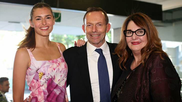 Prime Minister Tony Abbott with daughter Frances and Leanne Whitehouse.