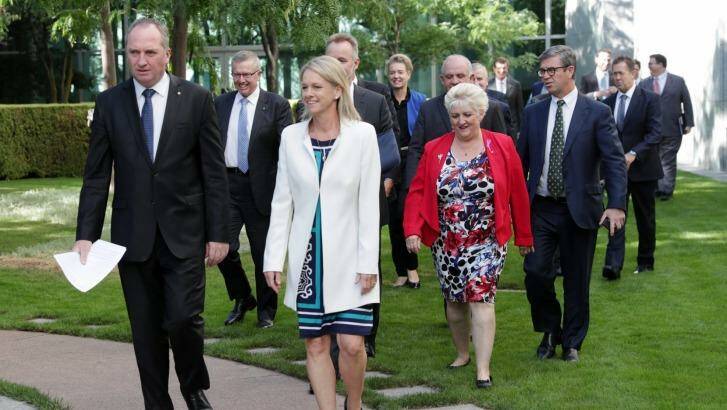 Mr Joyce with deputy leader Fiona Nash and other National MPs and Senators at Parliament House on Thursday. Photo: Andrew Meares