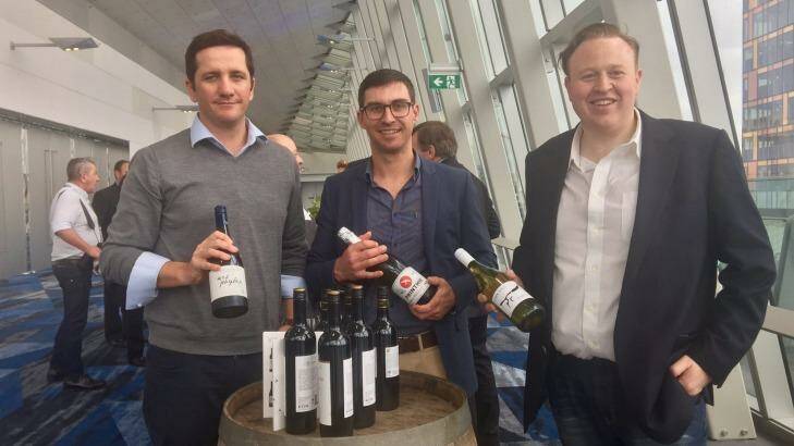 Winemakers Tom Ward from Swinging Bridge, Dave Swift from Printhie Wines and Chris Carpenter from Lark Hill at Sydney's new International Convention Centre. Photo: Esther Han