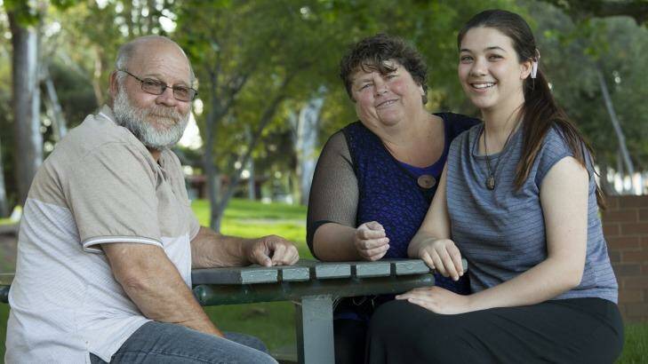 Diane with her adoptive parents Maree and Graham in Tamworth.  Photo: Steve Gonsalves Photograhics