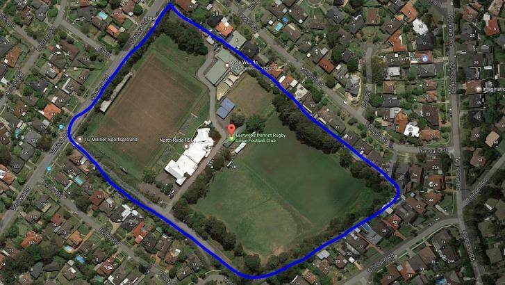 TG Millner Field: The blue line indicates the area of land owned by the Eastwood Rugby Club which it is proposing to sell. Photo: Supplied