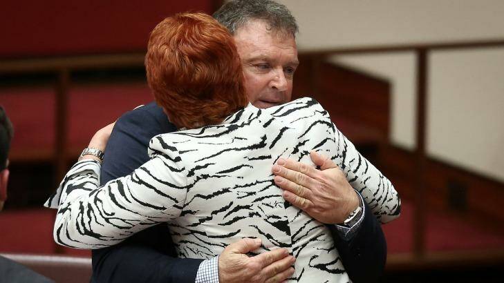 One Nation Senator Rod Culleton is congratulated by Pauline Hanson after giving his first speech in October. Photo: Alex Ellinghausen