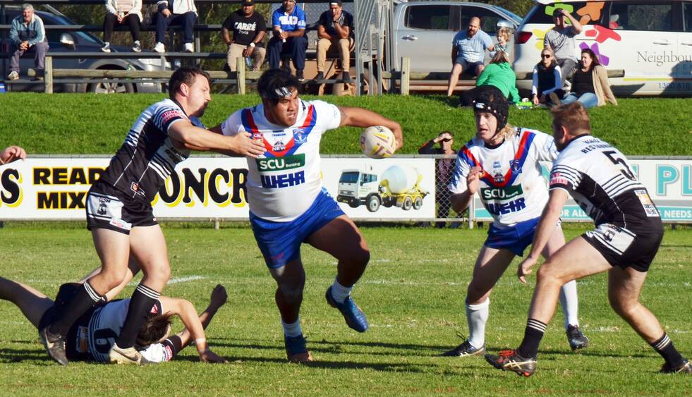 Parkes’ punishing forward, Brandan Tago proves a handful in the Spacemen’s impressive 28-22 victory over twin town rivals, Forbes, in front of a record crowd on Sunday.  Photo: Jenny Kingham.   