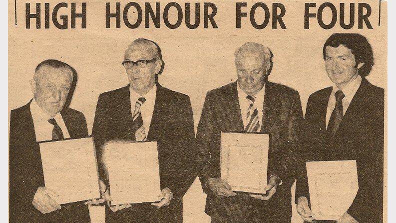 Wes Cheney, Arthur Asgill, Lloyd Westcott and Duncan MacDonald receiving Life Membership to Parkes District Cricket Association. 