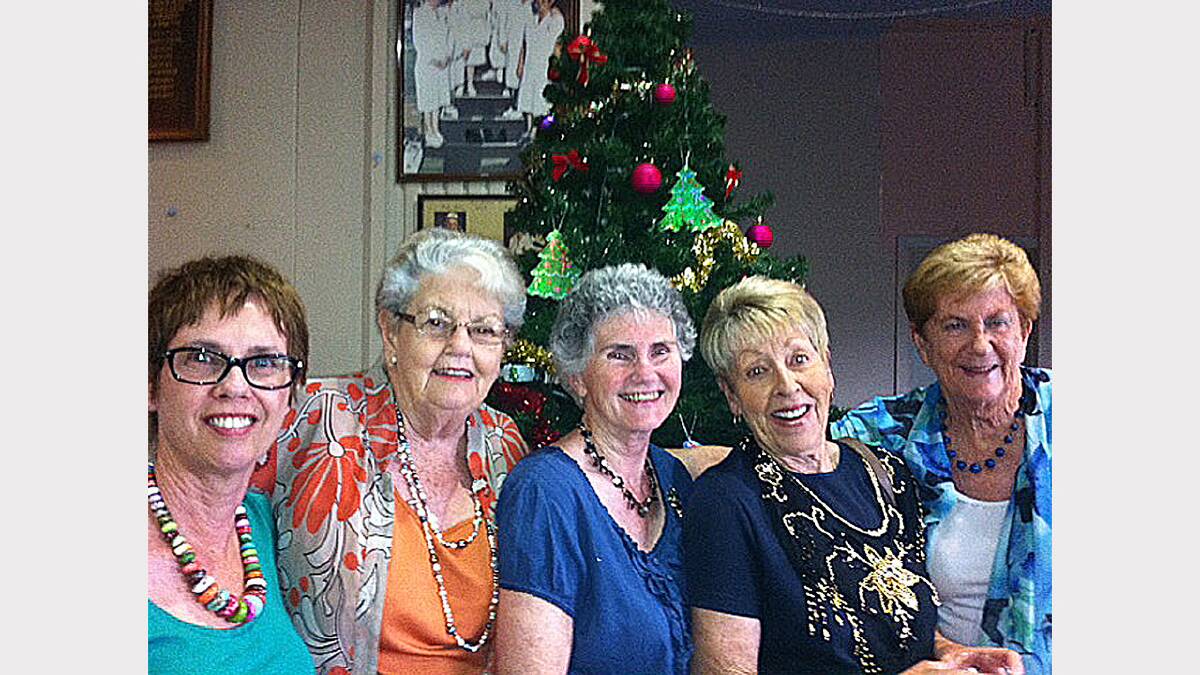 Rosemary Morris, Jan Latter, Beth Symington, Barbara Simmons and Jenny Freeman enjoyed the Bridge Club Christmas party. sub