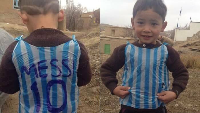 Murtaza in his home-made Lionel Messi guernsey.
