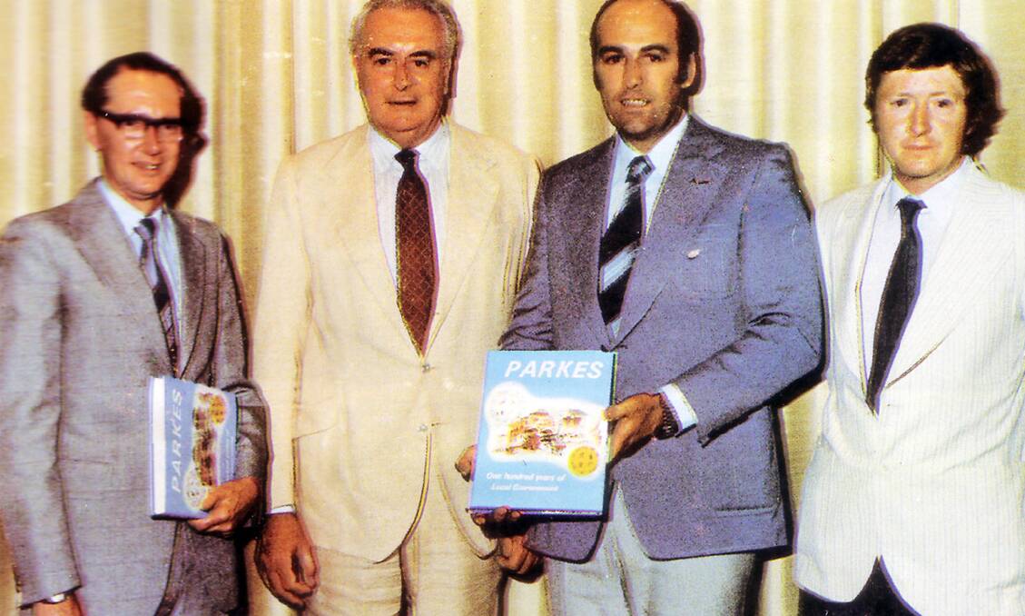 The picture quality is not great, but the significance of the occasion is not lost.  Pictured at the launch of the Parkes Centenary Book in Parkes in December 1982 are former Champion Post Editor, Ron Tindall, Prime Minister, Gough Whitlam, Centenary Committee Chairman, Bill Watts, and Champion Post journalist at the time, now local councillor, Michael Greenwood.