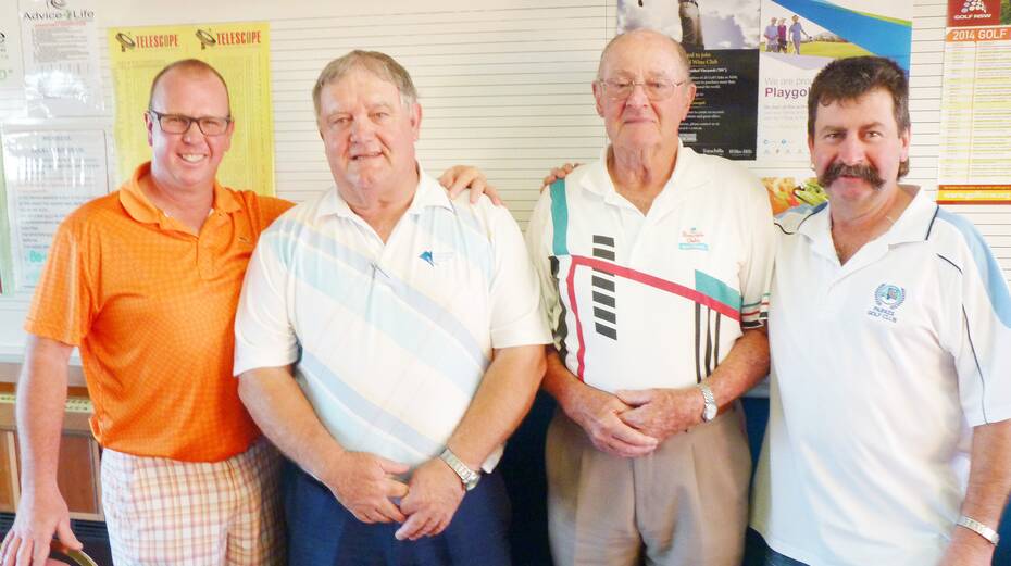 Troy Thomson (left), and Peter Magill (right) were congratulated by Life Members Paul Thomas and Wally Norman at the presentation of the Life Members trophy day. sub