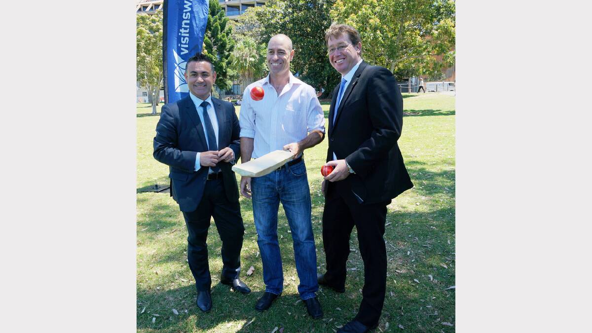John Barilaro (Minister for Regional Tourism), Michael Bevan (former Australian cricketer) and Troy Grant (Minister for Tourism and Major Events) are excited about the Home Ground Cricket Tour. sub