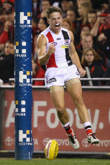 Jack Billings of the Saints celebrates kicking a goal during the round five AFL match between the Essendon Bombers and the St Kilda Saints at Etihad Stadium on April 19, 2014 in Melbourne, Australia. Photo: Quinn Rooney/Getty Images.