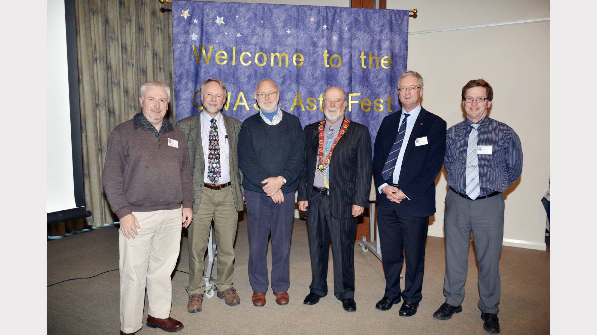 Presenters at the 2014 CWAS AstroFest, from left - Fr Paul Clark (CWAS President), Rev Colin Mackellar, Dr David Malin, Cr Ken Keith (Mayor, Parkes Shire), Professor Warrick Couch and Dr Stuart Ryder.  Absent are Mike Salway and John Sarkissian.  (Photos: Denis Crute)
