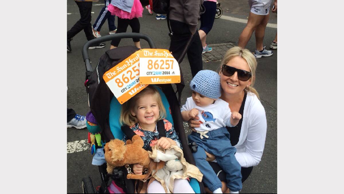 I featured the wonderful effort of Sonia Davies in the City to Surf race last week.  But I think achievement is also worthy of recognition.
Priscilla Greenwood (daughter of well known locals, Robyn and councillor Michael Greenwod) took part pushing a pram with her two children.
Priscilla and her babies ran the race in 1.46. All three were registered.  Marli is two and it was her third race (Priscilla was pregnant at the time), likewise with Riley who is seven months (his second race).