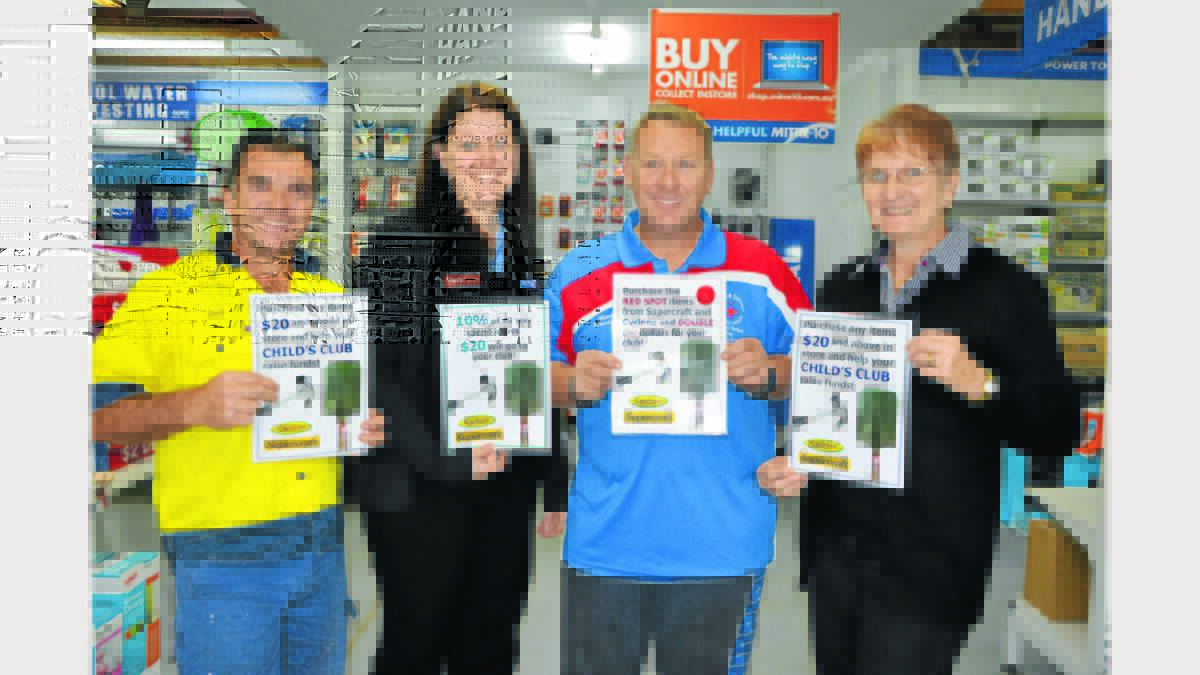 Right behind the generous promotion are representatives of junior sporting groups, Laurie Wakefield (left) and Mark Swan, with Ann Maree Hay (left) and Fran Hay.
