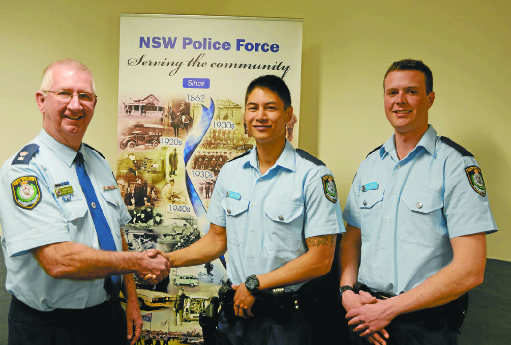 Superintendent Chris Taylor welcomed Probationary Constables Michael Festejo and Luke Mylott to the Lachlan Local Area Command. Photo: Bill Jayet      