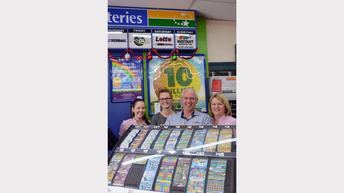 Newsagency owner Greg Nash wants the government to stand up against Tatts Lotto to ensure newsagents remain the only providers of lottery tickets and scratchies.   He is pictured with his wife, Christine, and staff members, Jess Ingram (left) and Kahlia Townsend.  Photo: Roel ten Cate. 
